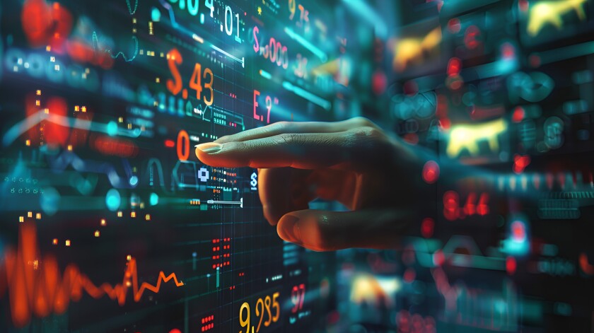 Online banking and digital money concept with man, Business button web credit card icon, finger on virtual touch screen interface with central bank, Generative Ai