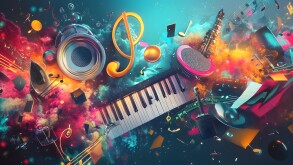 Abstract 2D background with music symbols, treble clefs, and instruments creating a dynamic classroom environment, hyper-real, sharp images, high quality
