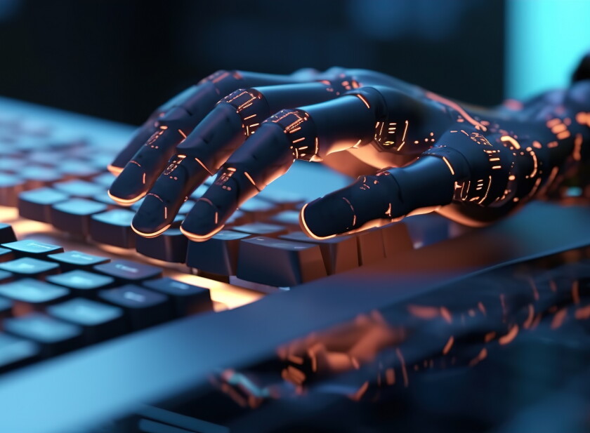 Robot hand typing on the computer. The concept of artificial intelligence replacing a human in dealing with another human. Ai generative.