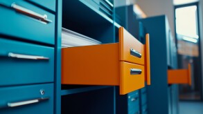 Open blue orange drawers of filing cabinets for storing data, archives and documents in an office setting..
