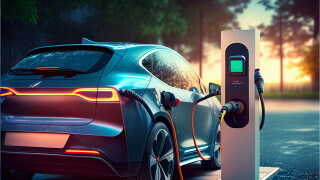 Electric car charging at a gas station in the city, industrial landscape, neon elements, healthy environment without harmful emissions. Eco concept. generative AI