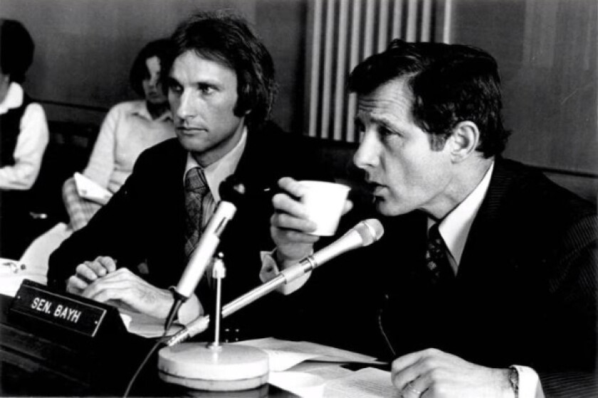 Senator Birch Bayh (right) with staffer Joe Allen (left), circa 1980 during the Bayh-Dole hearings