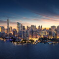 New York City panorama skyline at sunrise. Manhattan office buil