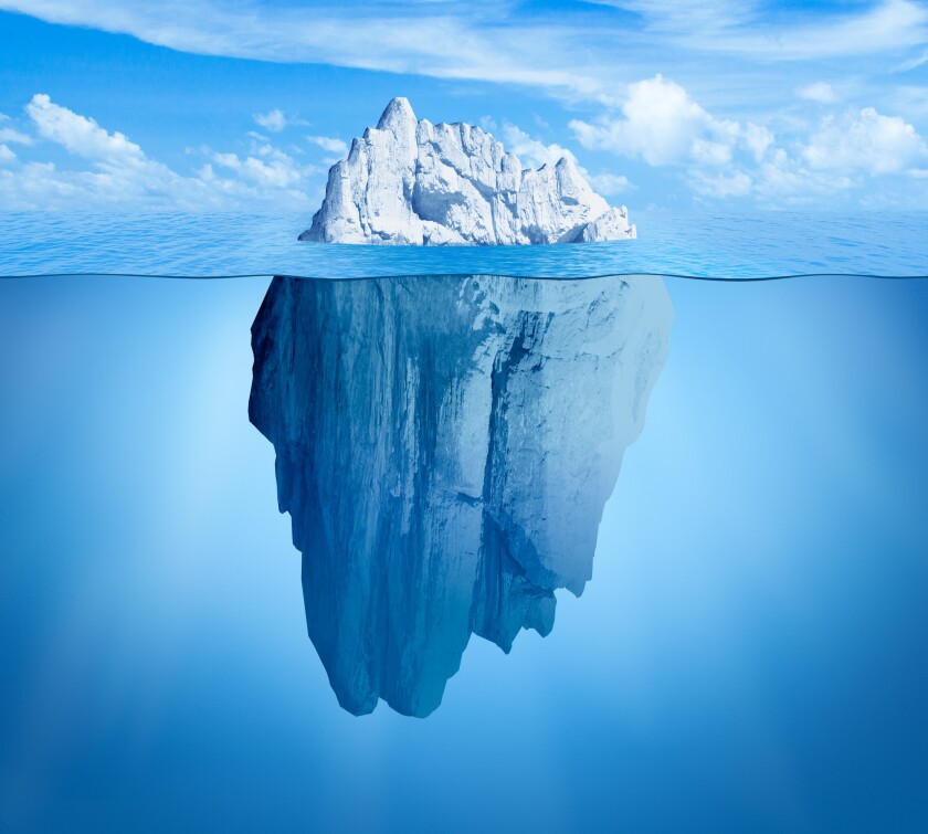 Iceberg in ocean. Hidden threat or danger concept. Central composition.