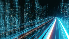 3D Rendering of abstract highway path through digital binary towers in city. Concept of big data, machine learning, artificial intelligence, hyper loop, virtual reality, high speed network. 