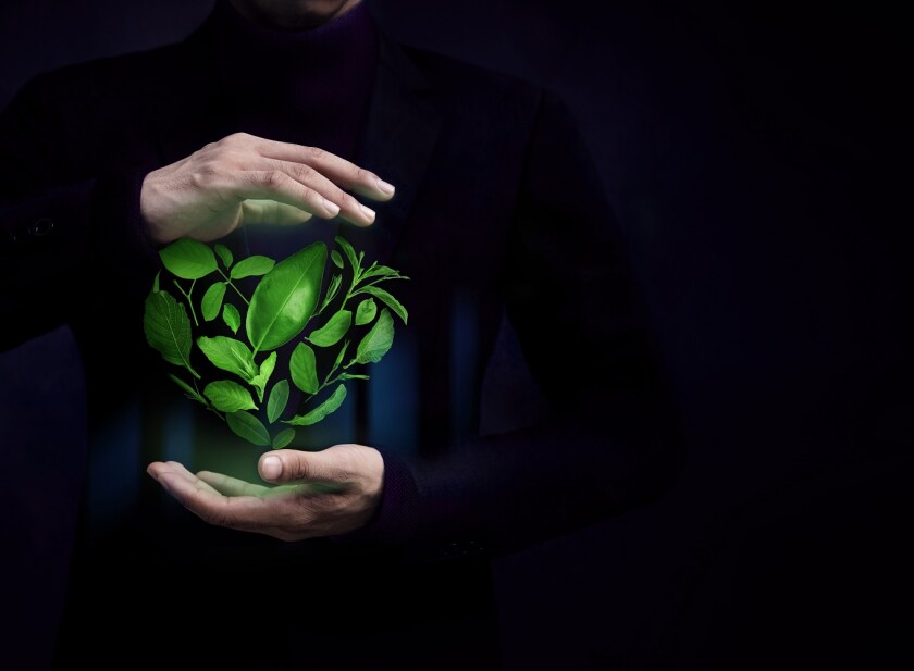 ESG Concept. Green Leaf as Heart Shape Protected by Gentle Gestu