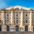 Facade of Palazzo Mezzanotte, stock exchange building in Milan, Italy