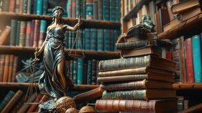 Legal Concept: Themis is Goddess of Justice and law on the background of books 