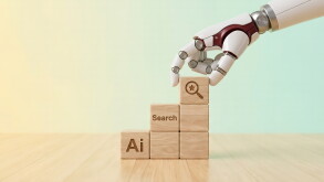 AI powered search engine optimization technology and digital marketing growth represented by robot hand building blocks