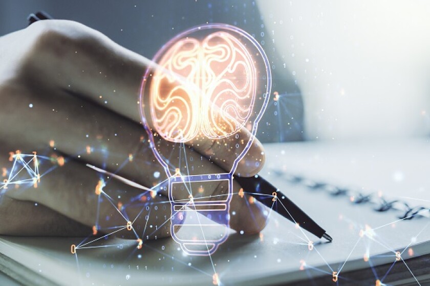 Creative light bulb illustration with human brain and with man hand writing in diary on background, future technology concept. Multiexposure