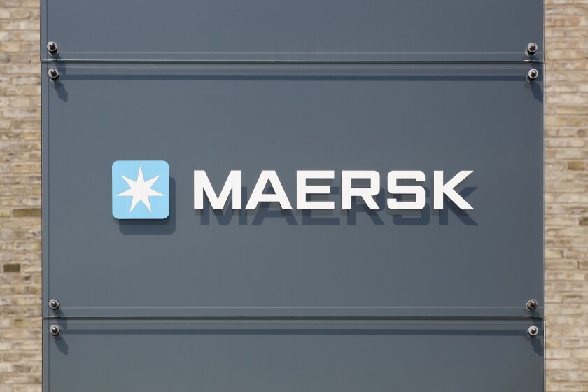 Tilst, Denmark - April 18, 2021: Maersk logo on a building. Maersk company based in Copenhagen, Denmark, is the largest container ship operator in the world