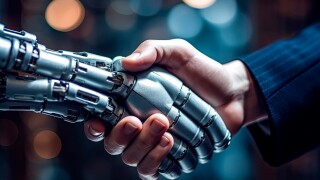 Business handshake between robot and human partners or friends. Generative AI.
