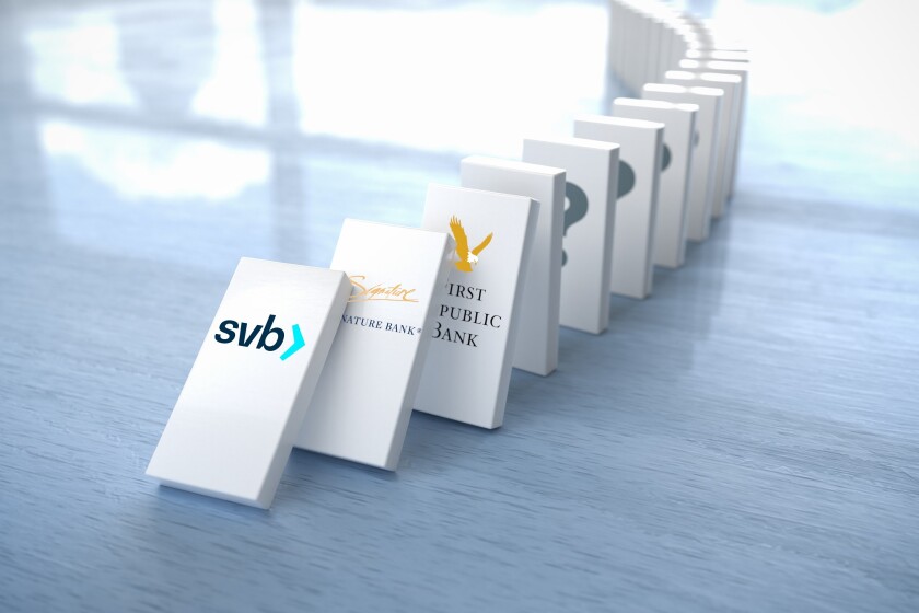 Concept: Who is next after the demise of the Silicon Valley Bank, Signature Bank and First Republic. Domino effect.