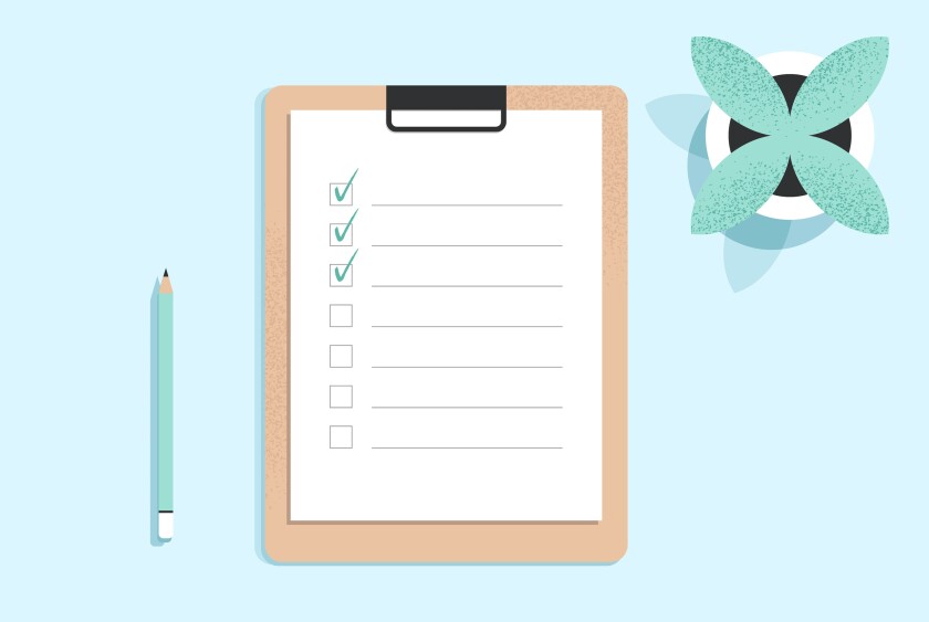 Clipboard with checklist on a white sheet of paper with green tick marks. Check list, to do, questionnaire concept. Document on the table. Top view. Minimalist isolated flat vector illustration
