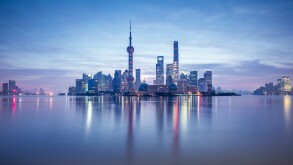 Lujiazui financial district in Shanghai at dusk , China , Asia