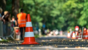 Traffic cone on a street as a warning sign
