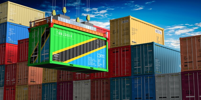 Freight shipping container with flag of Tanzania on crane hook - 3D illustration