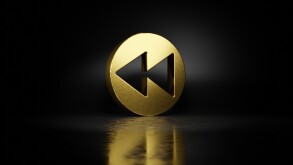 gold metal symbol of rewind  3D rendering with blurry reflection
