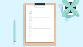 Clipboard with checklist on a white sheet of paper with green tick marks. Check list, to do, questionnaire concept. Document on the table. Top view. Minimalist isolated flat vector illustration