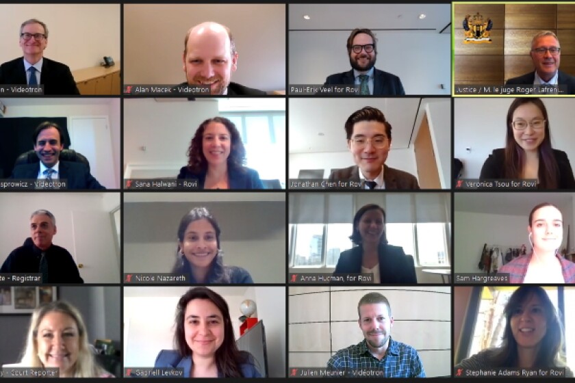 A Zoom call in Rovi v Videotron at the Canada Federal Court. Sources for this article include Mr Justice Roger Lafrenière (top right), Alan Macek at DLA Piper (top row, second from left), Paul-Erik Veel at Lenczner Slaght (top row, second from right) and Sana Halwani at Lenczner Slaght (second row, second from left). Credit: Alan Macek.