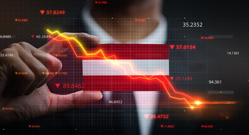 Graph Falling Down in Front Of Austria Flag. Crisis Concept 