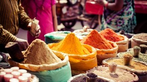 Traditional spices and dry fruits in local bazaar in India. 