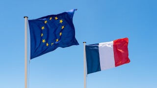 French and European Union (EU) Flag. Waving flags of France and