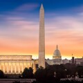 Dawn over Washington - with 3 iconic monuments illuminated at su