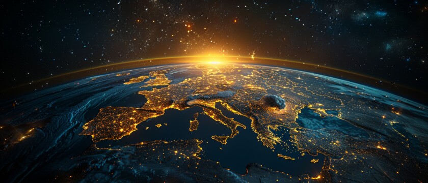 View of Europe at night from space with city lights showing human activity in Germany, France, Spain, Italy, and other countries. NASA elements and 3D rendering.