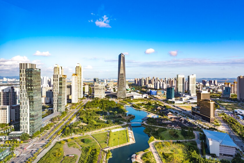 Urban Landscape of Songdo International Business District and Free Economic Zone, Incheon Metropolitan City, South Korea.