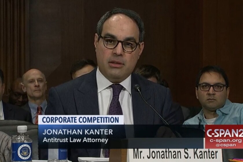 Jonathan Kanter speaking at the Senate Judiciary Subcommittee on Antitrust, Competition Policy and Consumer Rights in December 2018. Credit: C-Span