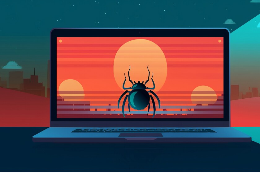 Computer bug on laptop screen symbolizing threat of software bugs and elusive nature of zero day vulnerabilities in software security, critical bug in computer software