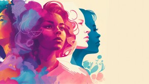 Women's day celebration banner, 8 march, multiple women faces gr