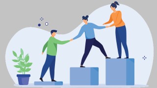Teamwork, mentorship and cooperation concept. Employees giving hands and helping colleagues to walk upstairs. Vector illustration.