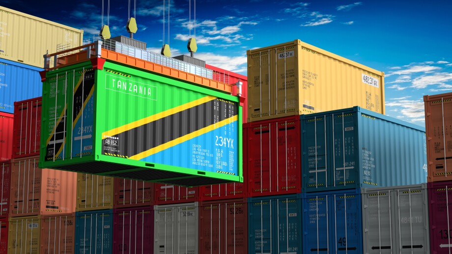 Freight shipping container with flag of Tanzania on crane hook - 3D illustration
