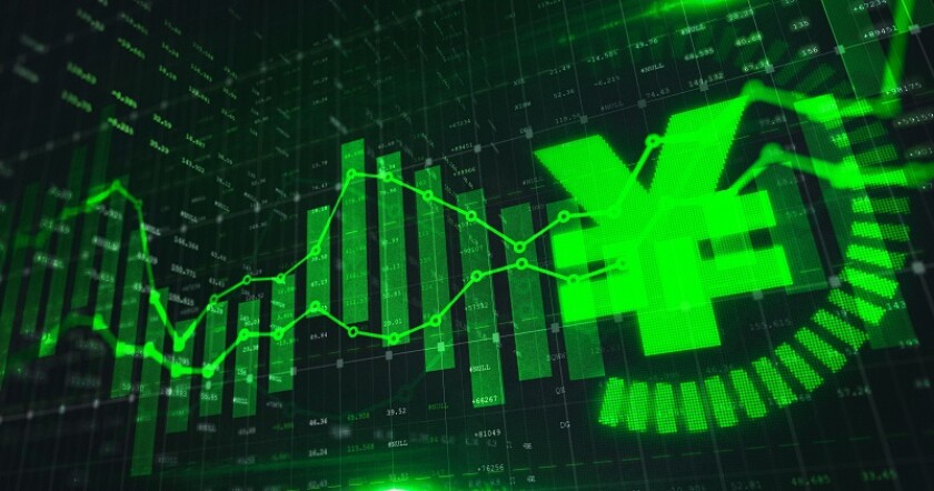 Stock market Yuan trading graph in green color as economy 3D illustration background. Trading trends and economic statistics.