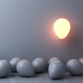 Stand out from the crowd and different concepts One light balloon glowing and floating above other white balloons on white wall background with window reflections and shadows 3D rendering