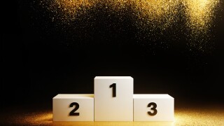 Empty Winners podium with 3 places. Luxury background with golden confetti