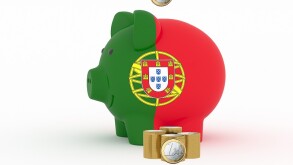 Finance, saving money, piggy bank on white background. Portugal flag. 3d illustration.