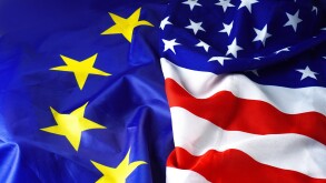 USA Flag vs Europe Flag. EU flag and American flag background.
