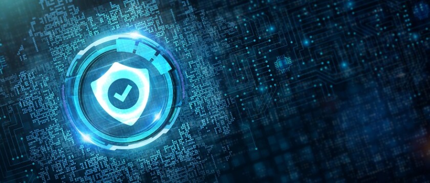 Cyber security data protection business technology privacy concept. Young businessman  select the icon security on the virtual display.