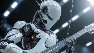 Robot playing electric guitar for AI music concept