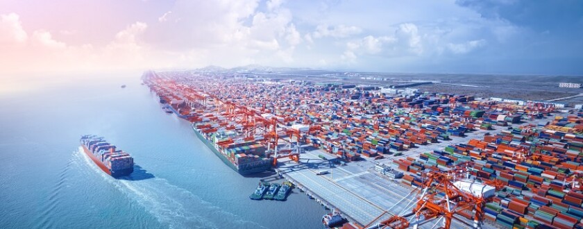 Container ship leaving the port