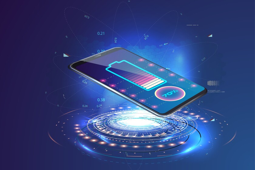 Wireless charging of the smartphone battery. Future concept. The progress of charging the battery of the phone.Wireless charging technology concept on blue background.