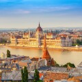 Budapest city skyline at Hungalian Parliament and Danube River, 