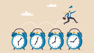 Time management, procrastination or work productivity, finish project within deadline, work efficiency or planning, fast pace project concept, businessman expert jumping on time passing alarm clock.