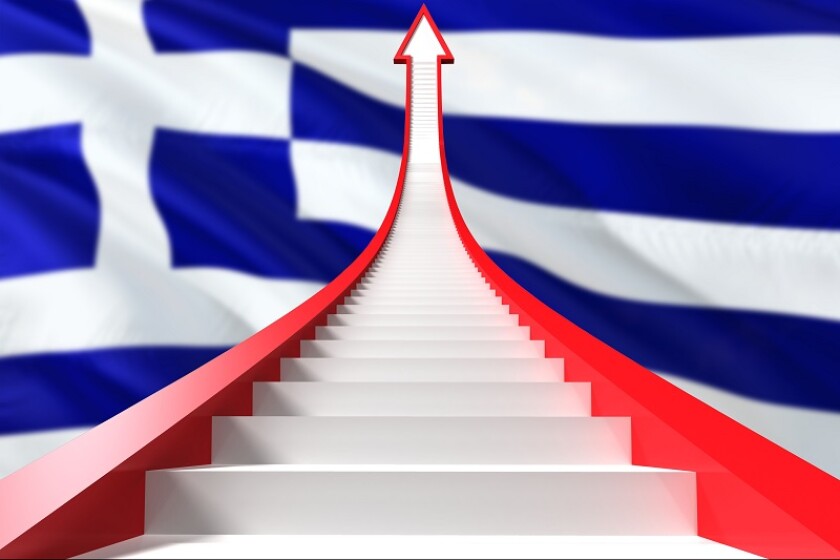 Greece success concept. Graphic shaped staircase showing positive financial growth. Business theme.