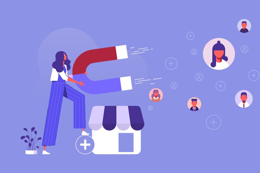 Promotion in social networks and customer acquisition, attracting users and customers, woman with big magnet getting new clients and users for business
