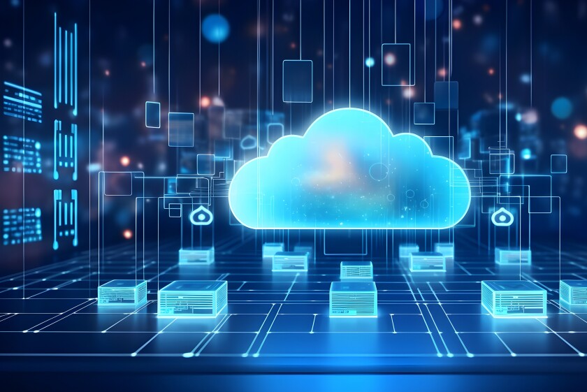 Digital informational technology web futuristic hologram with cloud icon, blue golden light digits and code background, cloud computing. Abstract Motion of digital data flow. Generative AI