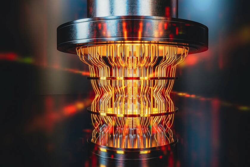 A futuristic glowing quantum computer unit, 3d render